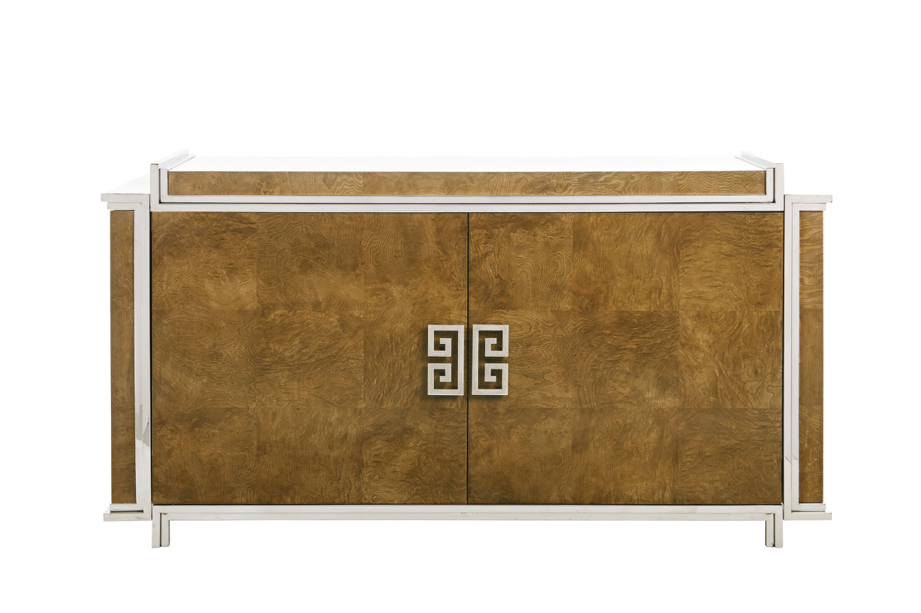 Soho Luxe Buffet with silver trim and hardware and a brown wood base from Bernhardt