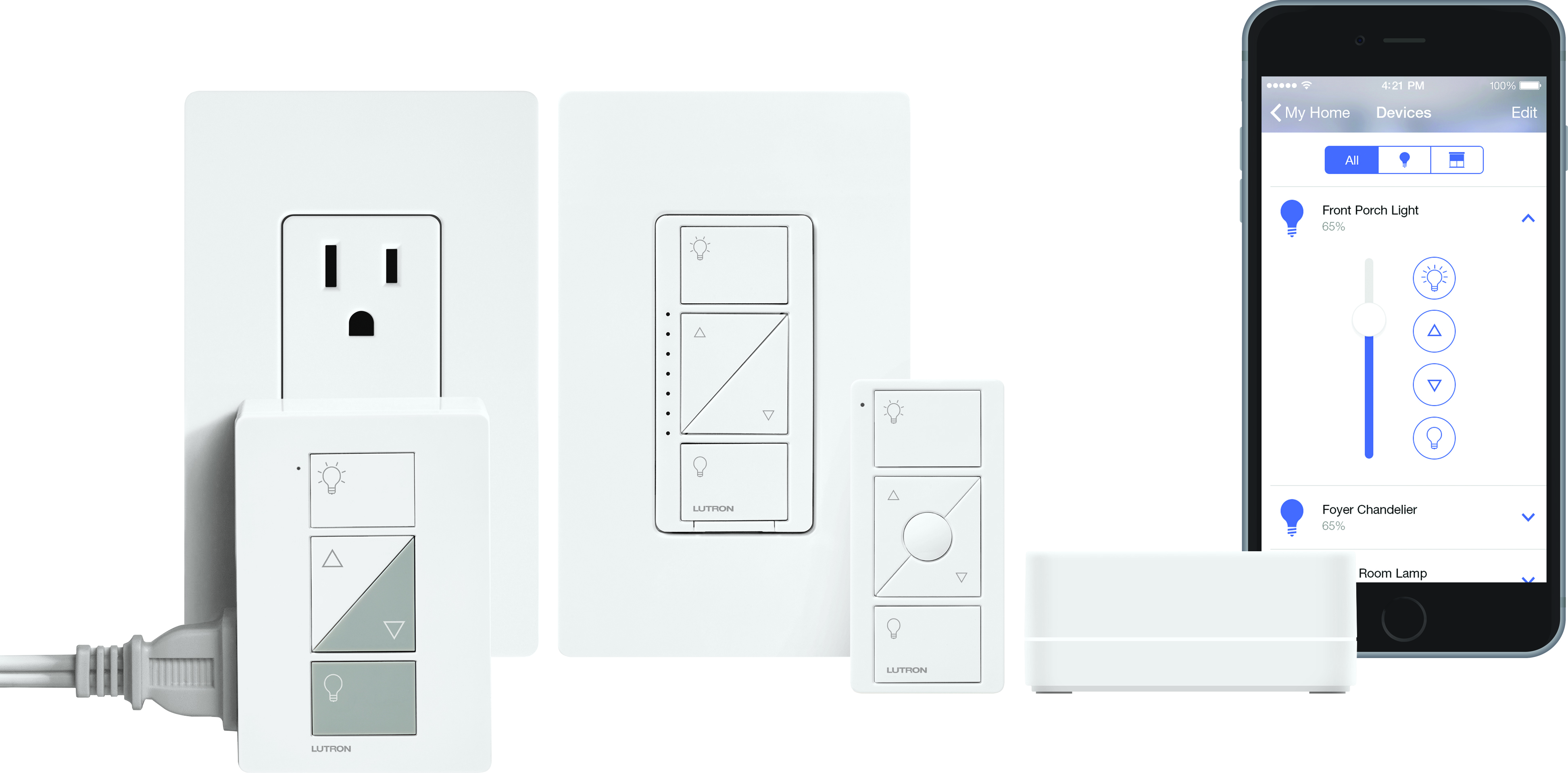 Lutron’s Caséta controlled by wall switches as well as the app on a smart phone