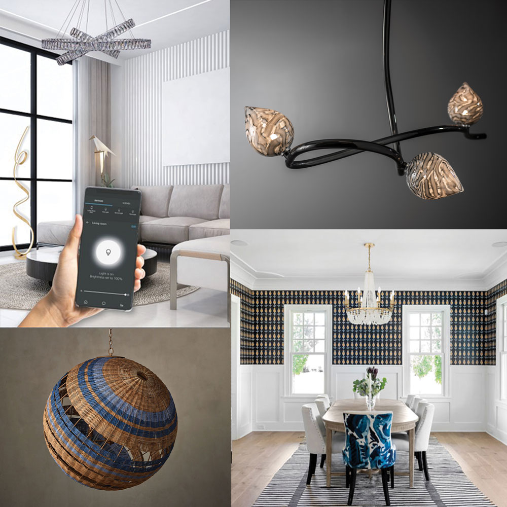 Clockwise from top left: Finesse Decor, Hubbardton Forge, Crystorama, and Currey & Co.