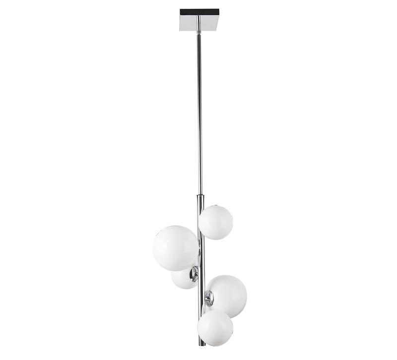 Glasgow single pendant with a Polished Chrome stem and five orbs from Dainolite