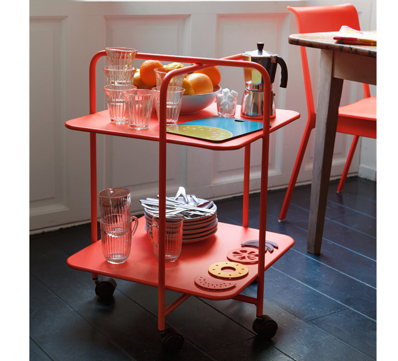 Alfred red bar cart in a dining room from Fermob
