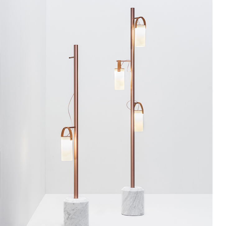 Two of FontanaArte’s Galerie floor lamp in copper with marble bases