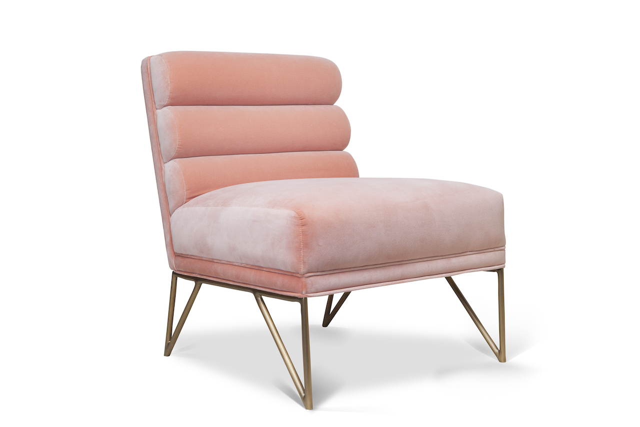 Paolo pink slipper chair with a gold base from Maggie Cruz Design