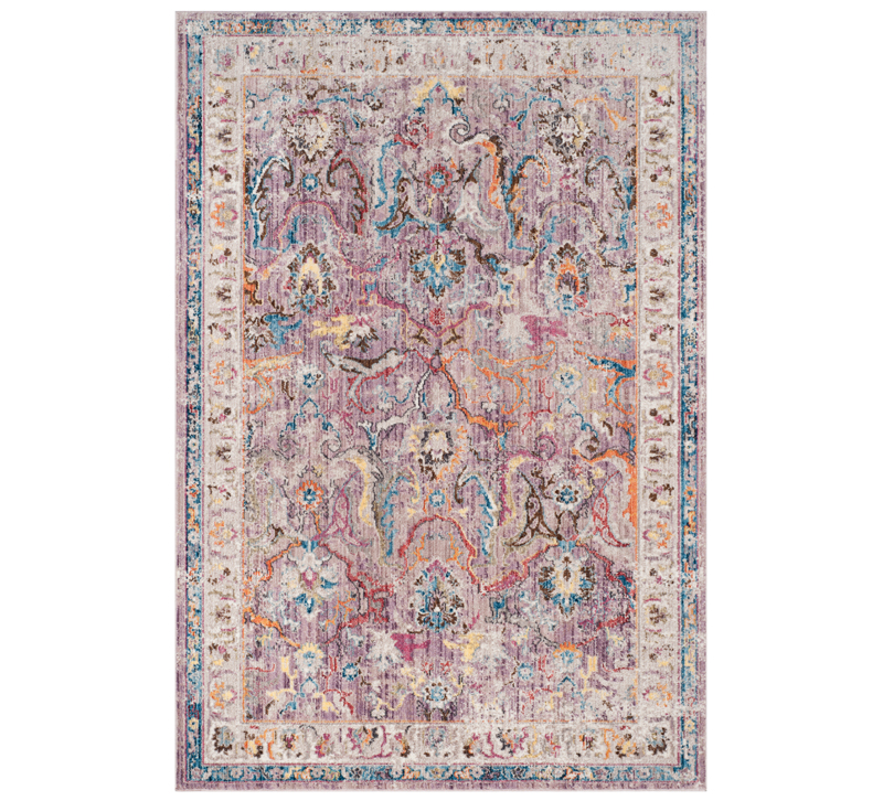 Bristol area rug with a lavender background and pink, orange and blue accents on a traditional medallion from Safavieh