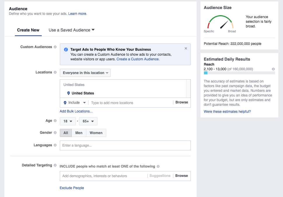 Create Audience on Facebook's Custom Ads Manager