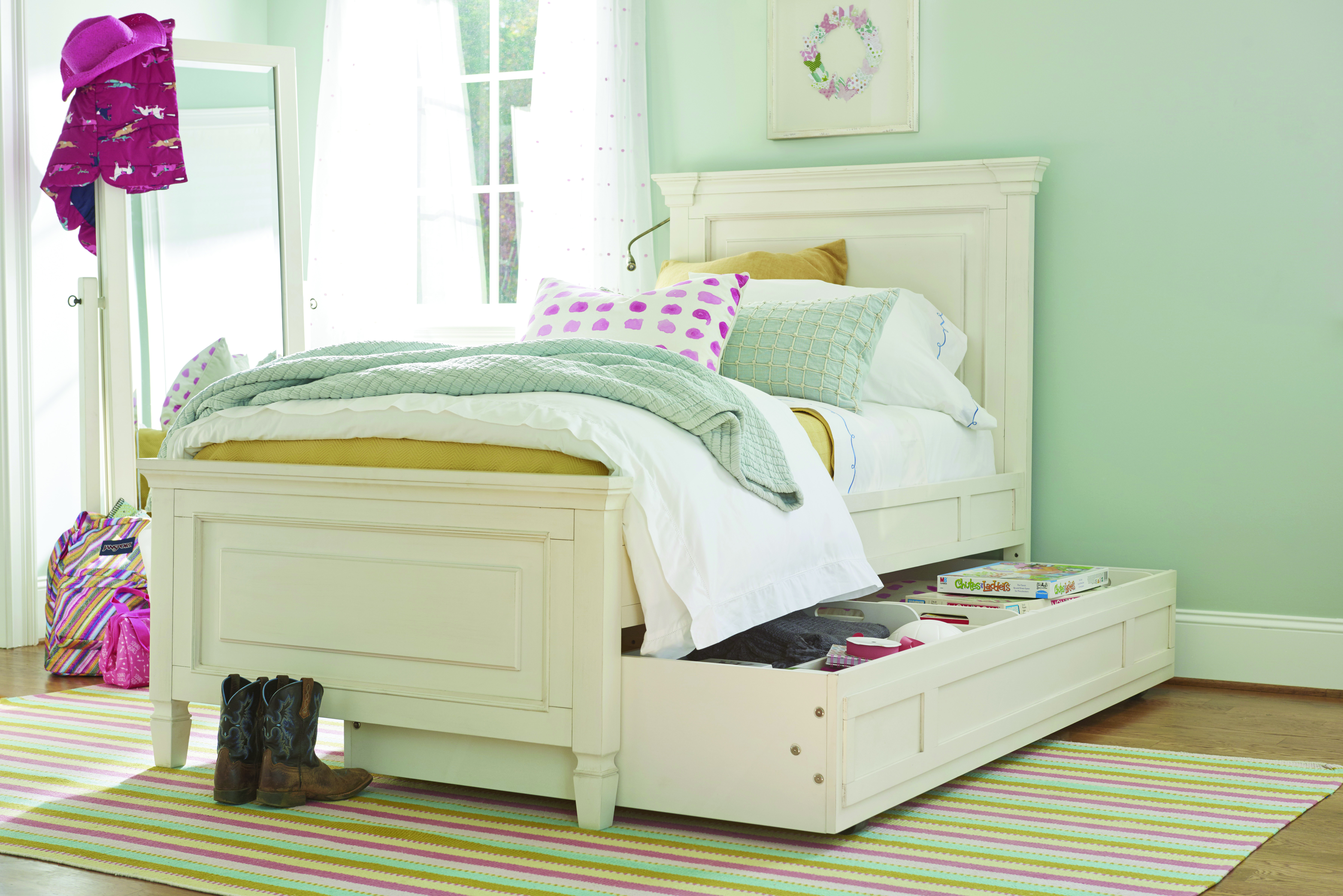 Summer HIll white bed with drawer underneath and light on the side from Universal Furniture