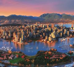 An aerial shot of Vancouver at sunset