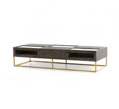 Andreas Coffee Table with a brass base and a wood top with one drawer from Four Hands