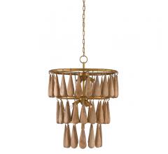 Savoiardi three-tired Chandelier with woden dollops hanging from each tier from Currey & Co.