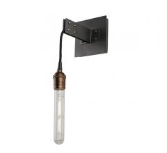Stuyvesant One-Light Wall Sconce with one tubular bulb suspended from a black wall plate from Kalco Lighting