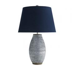 Shawnee Table Lamp with a black and white ceramic body and blue shade from Arteriors