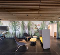 Installation of Glamora's Ego, Equatorial Jungle wallcoverings with Ecopur by Oltremateria and AcousticShield