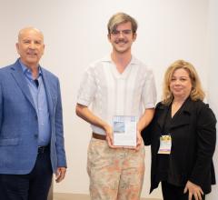 Scott Grove, center, accepts the 2024 Richard Frinier Design Scholarship from Richard and Cathy Frinier.