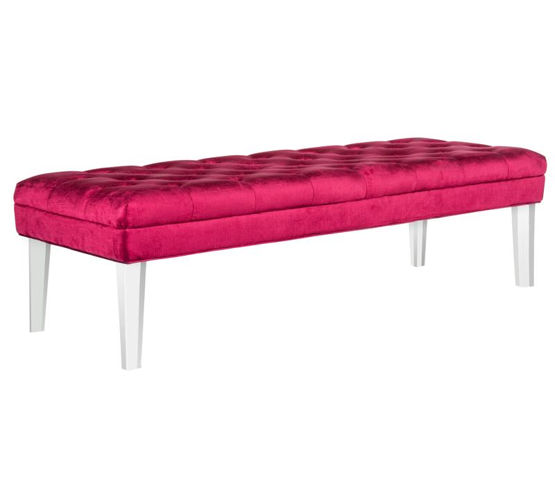 Ambrosia tufted bench with velvet hot pink upholstery and acrylic legs from Safavieh