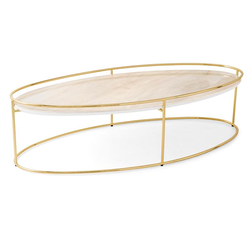Atollo Coffee Table with a gold, oval-shaped frame and a glass top from Calligaris