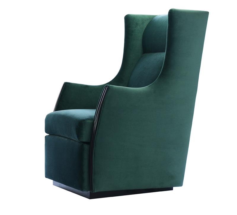 Baron Wing Chair with a high back and upholstered in velvet from Nathan Anthony Furniture