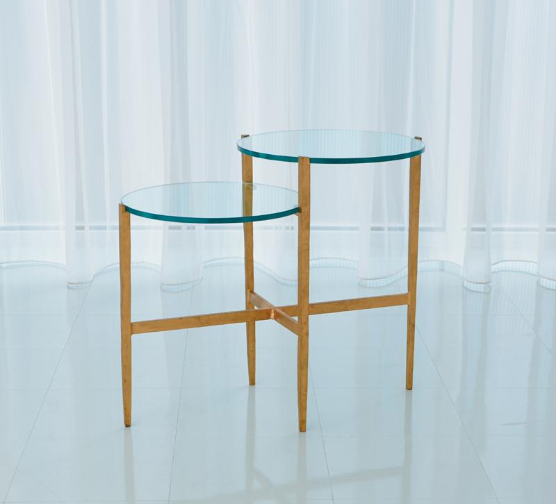 Two-tiered Dante Table with gold legs and glass tops from Studio A Home