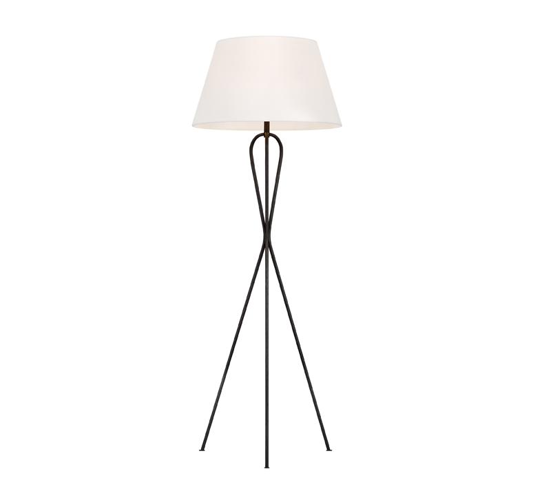 Francis floor lamp with iron black tripod base and white shade from Generation Lighting