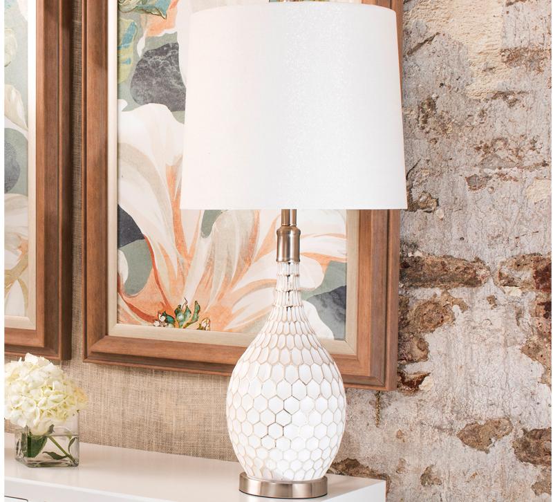 StyleCraft white table lamp on white chest