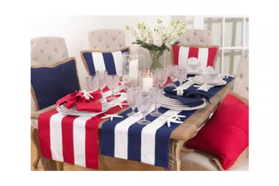 Saro’s St. John striped runners and pillows in navy and red