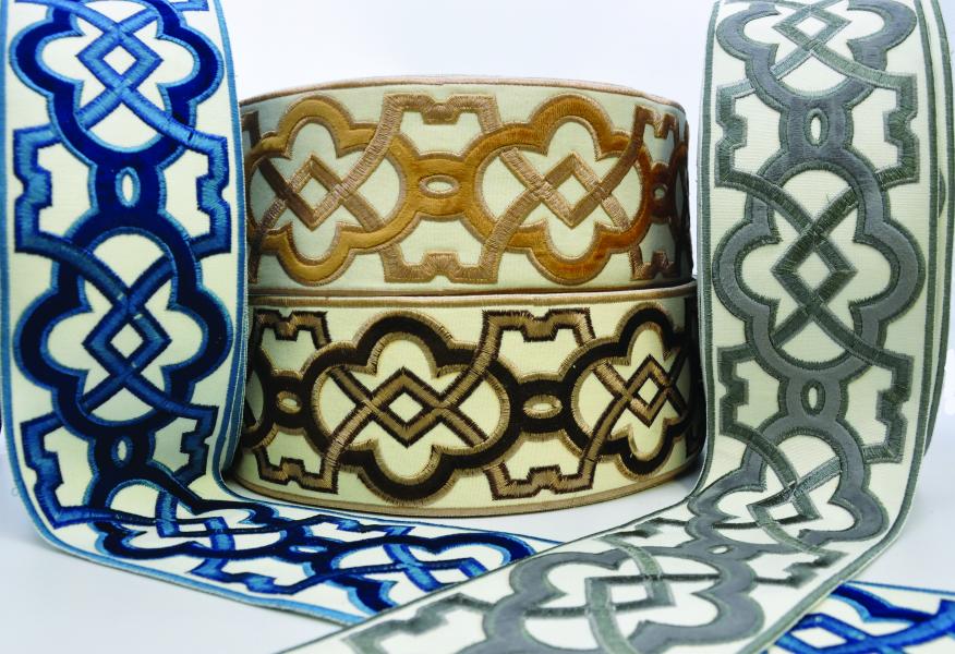 Belagio Enterprises announces its newest tape collections. This woven tape is poly/viscose – 3-¾ inch wide and in a beautiful raised pattern with velvet inserts. www.belagioenterprises.com